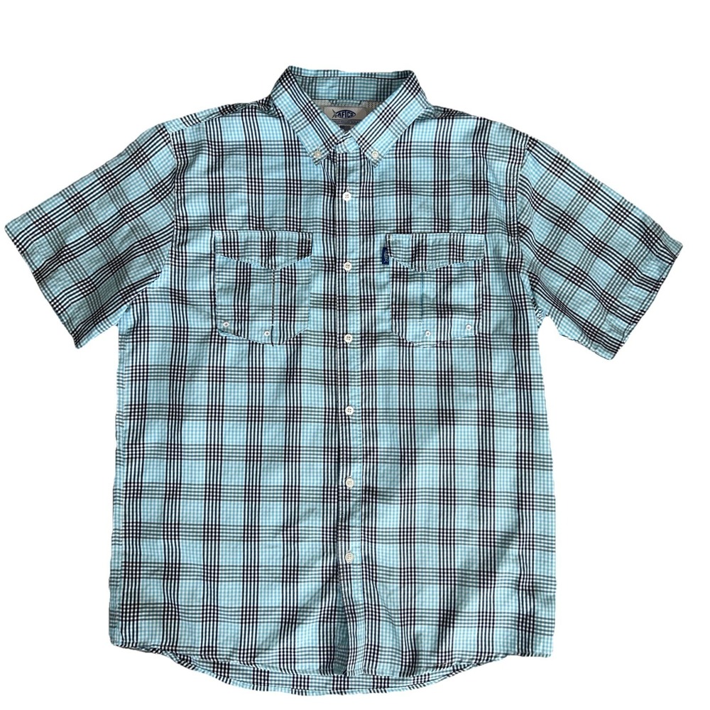 AFTCO Mens Large Short Sleeve Fishing Shirt Blue Plaid Vented Button Down
